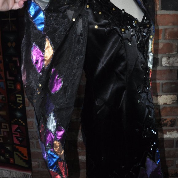 Vintage 80s Avant Garde, Black Gown, Metallic Lame Appliques & Sequin Dress M - Picture 2 of 4